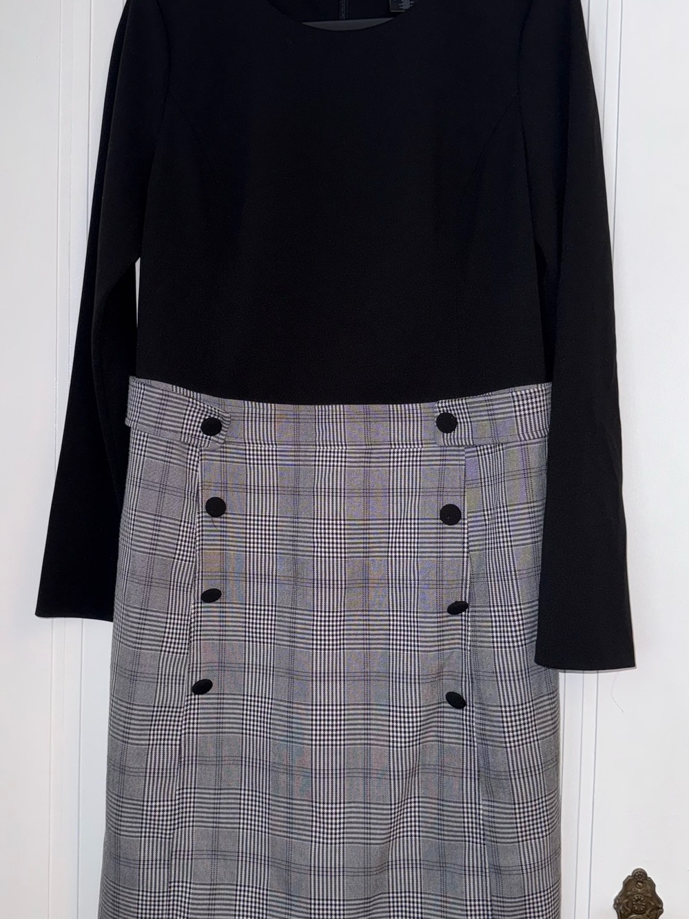 DKNY Black and Gray Plaid Long-Sleeve Midi Dress